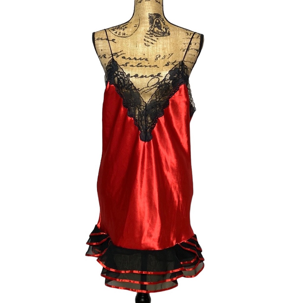 Silky Red Black Lace Sexy Nightie L